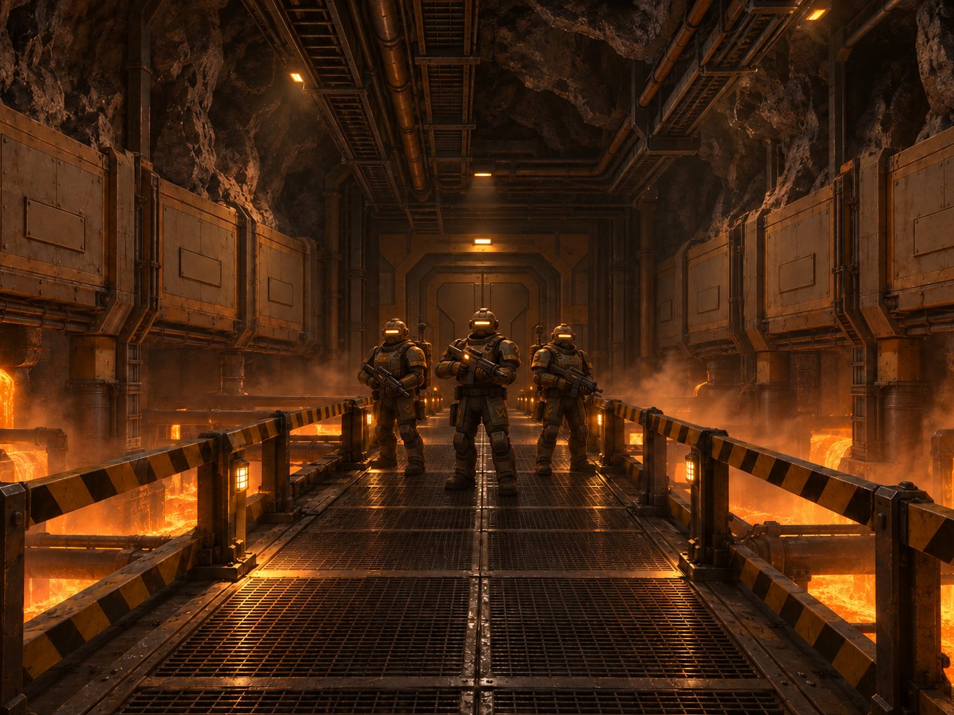 Armoured station guards on an industrial walkway over a glowing mine